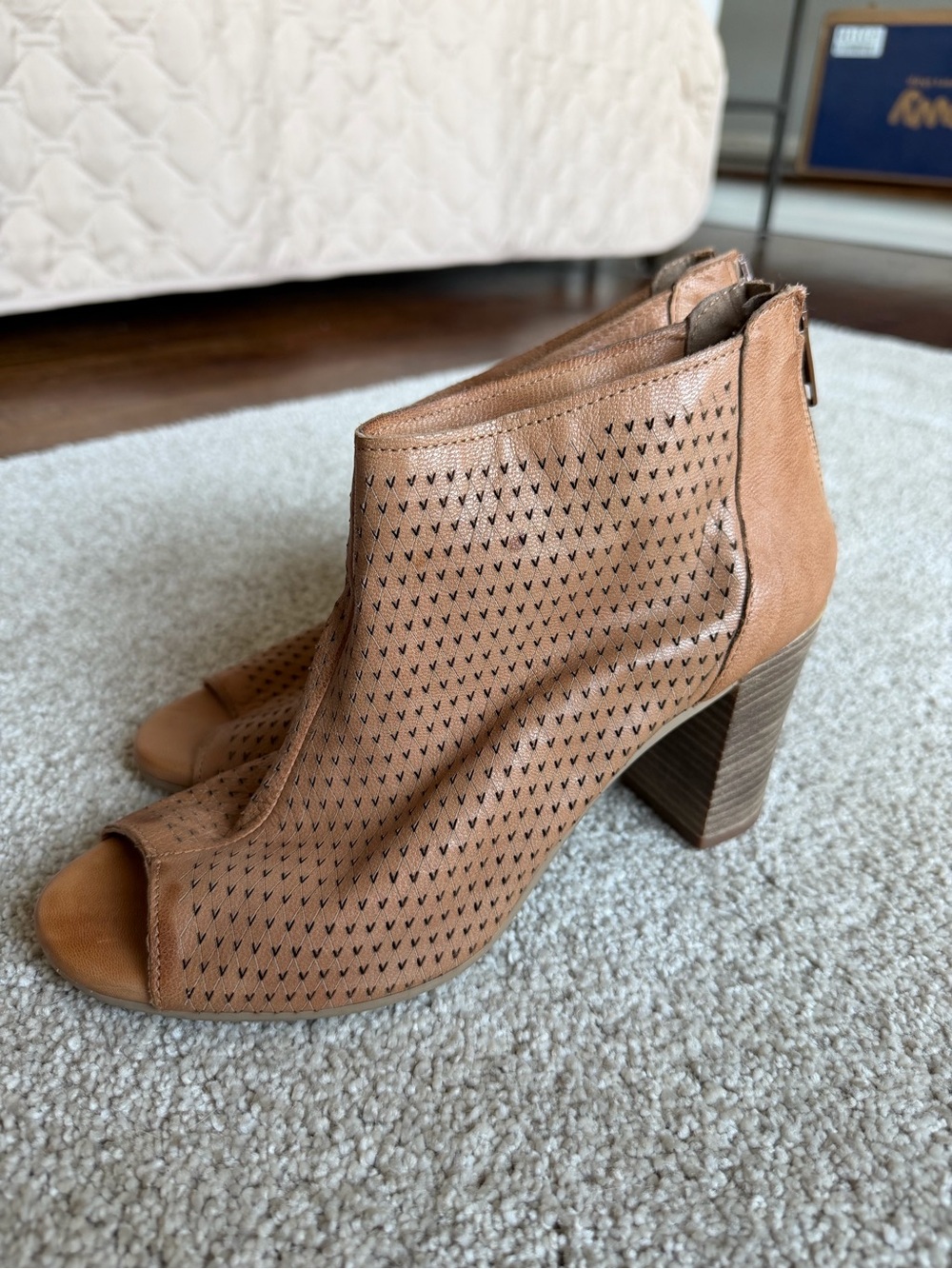 Kenneth Cole Women's Tan Perforated Peep-Toe Block Heel Booties